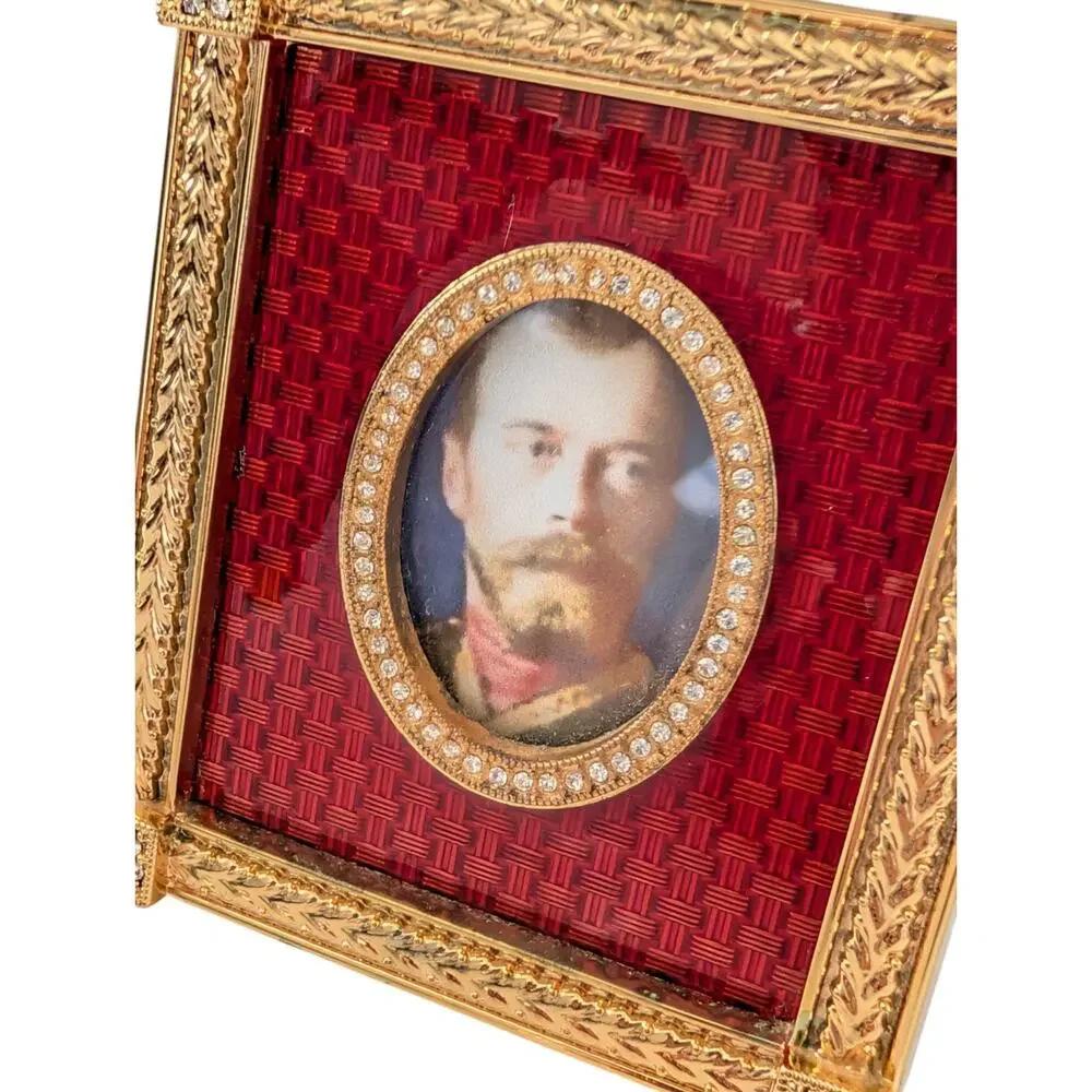Faberge Red Guilloche Catherine Palace Signed Miniature Picture Frame Gold Plate